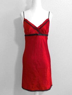 Morgan Taylor Red Satin Black Lace Trim Mini Slip Dress | Size L